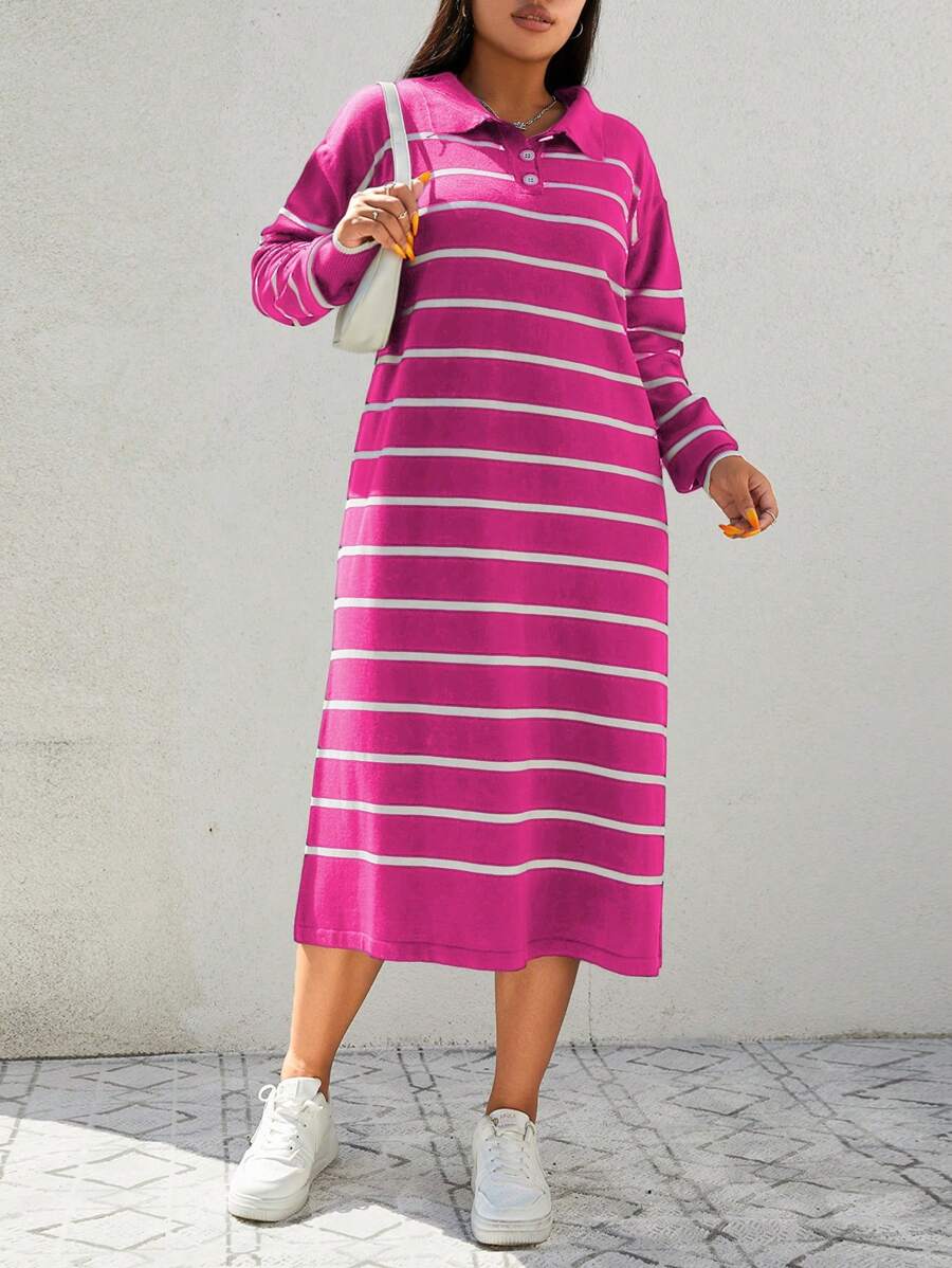 SHEIN Cottnline Vestido De Cuello De Polo A Rayas De Talla Grande - Rosa Fucsia - Ver 1