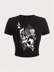 SHEIN EZwear 女士休闲骷髅与火焰印花短袖短款 T 恤，夏季