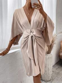 SHEIN Privé Batwing Sleeve Knotted Front Dress - Khaki - View 3