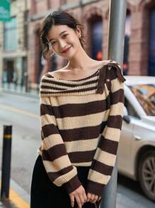 Dazy Star Striped Pattern Button Detail Sweater,Fall Clothes - Black and White - View 8
