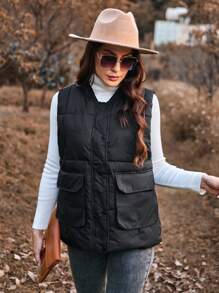 SHEIN LUNE Women's Sleeveless Jacket With Flap Pockets And Baseball Collar Design - Black - View 4