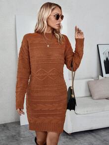 SHEIN LUNE Màu thuần Dệt kim Tay áo dài Đầm Áo len - Rỉ Nâu - Xem 3