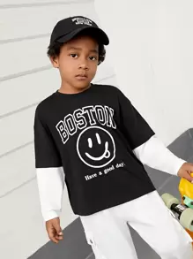 SHEIN Bé trai Hai âm Emoticon & Slogan In 2 trong1 Áo thun - Đen và trắng - Xem 1