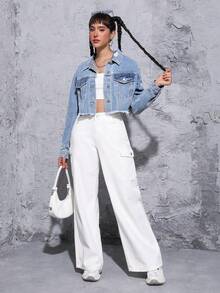 SHEIN PETITE Women'S Frayed Edge Cargo Pockets Denim Jacket - Light Wash - View 4