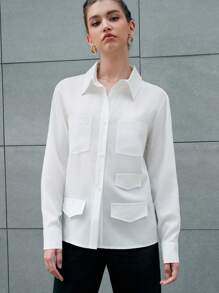 Anewsta Camisa De Color Sólido Con Parche Y Bolsillo - Blanco - Ver 1
