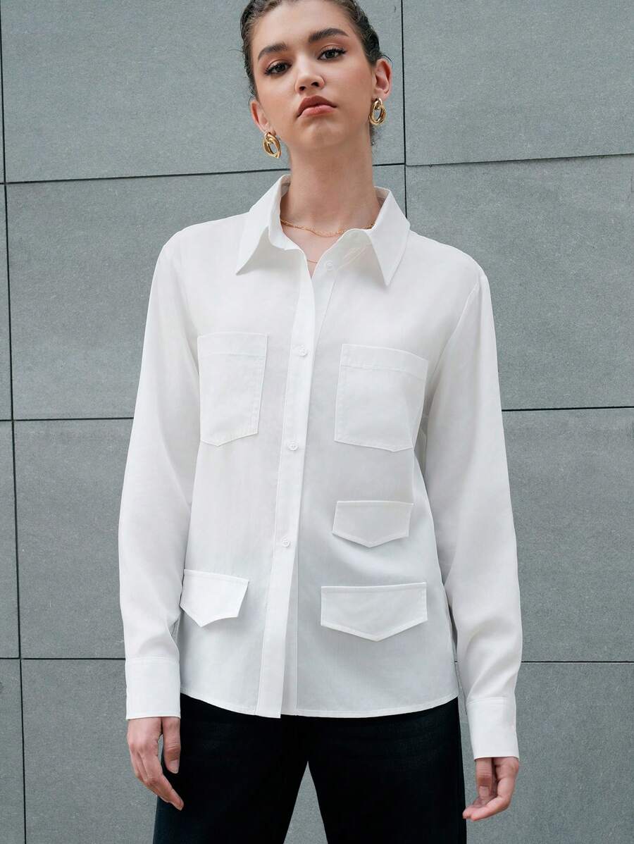 Anewsta Camisa De Color Sólido Con Parche Y Bolsillo - Blanco - Ver 1