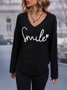 SHEIN LUNE Áo thun in hình trái tim và chữ cái cho nữ Áo thun họa tiết cho nữ - màu đen - Xem 4