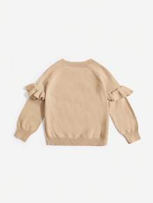 SHEIN Cô Gái Trẻ Nơ mặt trước Viền Ruffle Tay Raglan Áo len - Màu Khaki - Xem 2