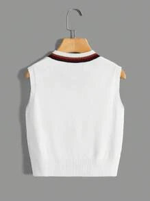SHEIN Chàng trai trẻ Sọc trang trí Áo len vest - trắng - Xem 2