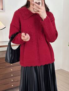 春季新款复古刺绣花卉针织毛衣甜美大翻领设计百搭温柔长袖上衣优雅青春韩版女装时尚 - 酒紅色 - 查看 5