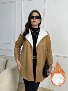 SHEIN LUNE 大码女式毛绒衬里加厚棉袄外套冬季前开襟 - 棕色 - 查看 1