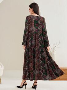Mulvari Tie-Neck Paisley Modest Long Sleeve Dress - Coffee Brown - View 2