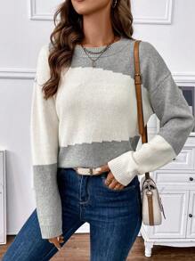 SHEIN LUNE Color Block Drop Shoulder Sleeve Fashionable Sweater - Grey - View 1