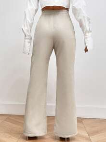 SHEIN Privé Solid Color High Waisted Corduroy Flare Pants - Khaki - View 2