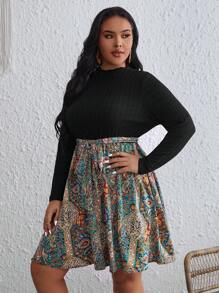 SHEIN VCAY Plus Paisley Print Belted Dress - Multicolor - View 1