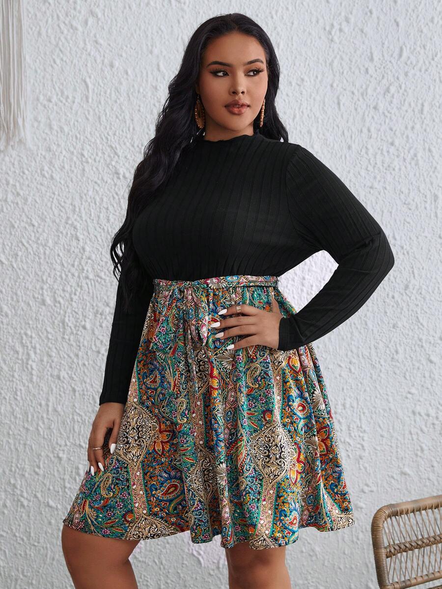 SHEIN VCAY Plus Paisley Print Belted Dress - Multicolor - View 1