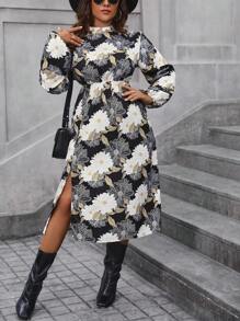 Calvaya Plus Floral Print Mock Neck Split Thigh Dress - Black - View 5