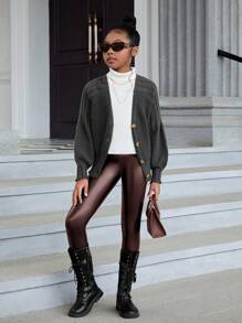 SHEIN Tween Girl Letter Patched PU Leather Leggings - Brown - View 5