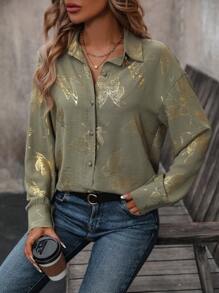 SHEIN Clasi 女用蝴蝶印花落肩襯衫 - 軍綠色 - 查看 1