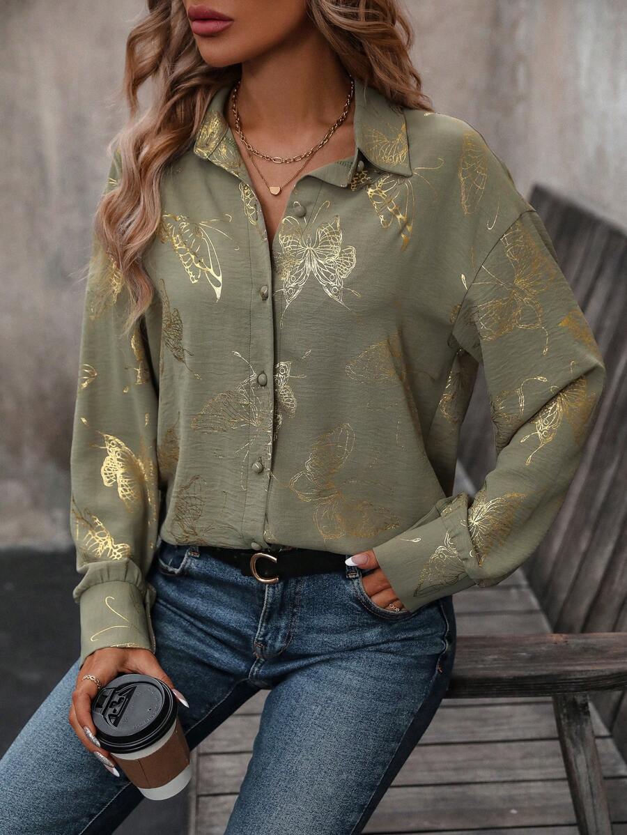 SHEIN Clasi 女用蝴蝶印花落肩襯衫 - 軍綠色 - 查看 1