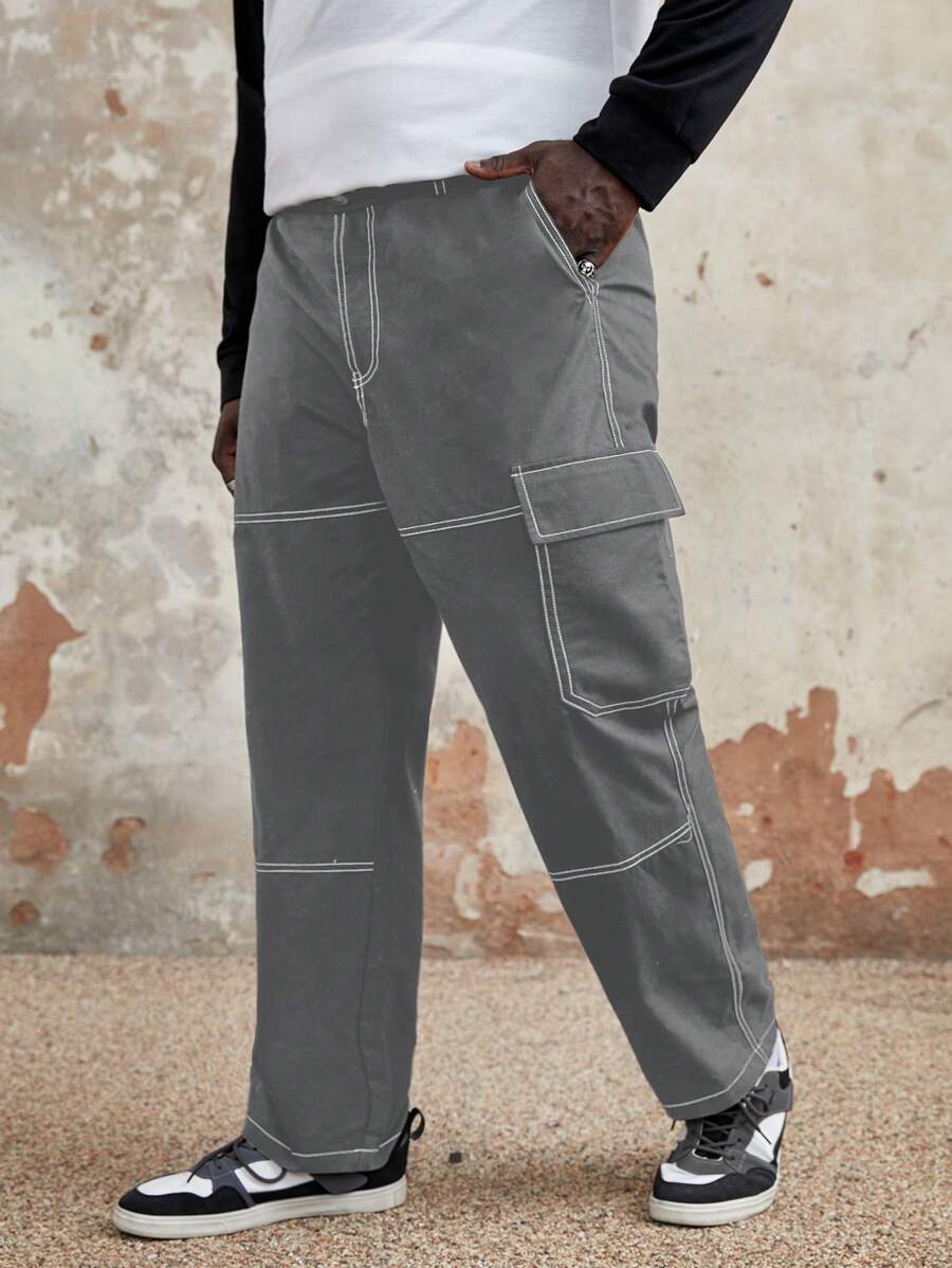 Manfinity VCAY Men Plus Top-stitching Flap Pocket Side Cargo Pants - Grey - View 1