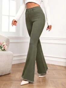 SHEIN Frenchy Frilled Bottom Solid Color Flare Jeans For Women - Army Green - View 4