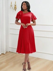 Women's Elegant Ruffle Sleeve Pleated Christmas Dress, Summer - Red - View 5