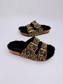 roulvxiang New Arrival Double Buckle Diamond Glitter Slides Pink Fashion Flat Slippers Women's Flat Sandals For Casual, Home, Street, Travel - Black - View 5