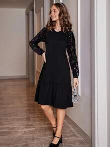 RueChic Teen Girl Contrast Sequin Ruffle Hem Dress - Black - View 3