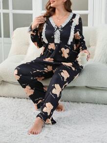 Kích thước lớn Của phụ nữ Gấu Hoạt hình Trang trí ren Bộ mặc nhà - màu đen - Xem 3