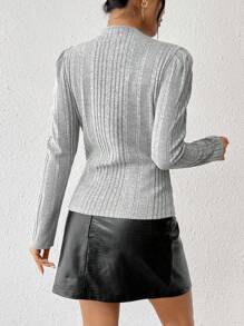 SHEIN Privé 純色v領泡泡袖t卹 - 灰色 - 查看 2