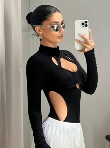 SHEIN ICON Cut Out Mock Neck Bodysuit - Black - View 4