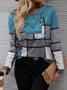 EMERY ROSE Women's Asymmetrical Collar & Button Detail Colorblock T-shirt - Multicolor - View 1