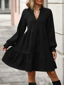 SHEIN Clasi Solid Loose Fit V-neck Long Sleeve Dress - Black - View 3