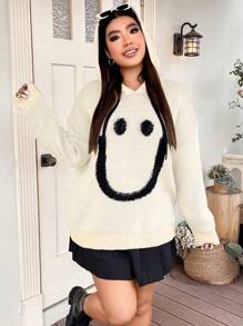 Flirla Plus Size Cartoon Face Pattern Hooded Sweater Knit Pullover Fall Winter Sweater - Beige - View 7