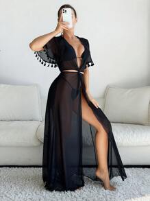 SHEIN Swim Summer Beach Women's Fringe Sleeve Open Sleeve High Side Split Cover Up