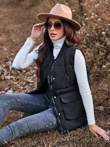 SHEIN LUNE Women's Sleeveless Jacket With Flap Pockets And Baseball Collar Design - Black - View 5