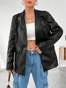 SHEIN EZwear 實色雙排釦西裝外套 - 黑色 - 查看 1