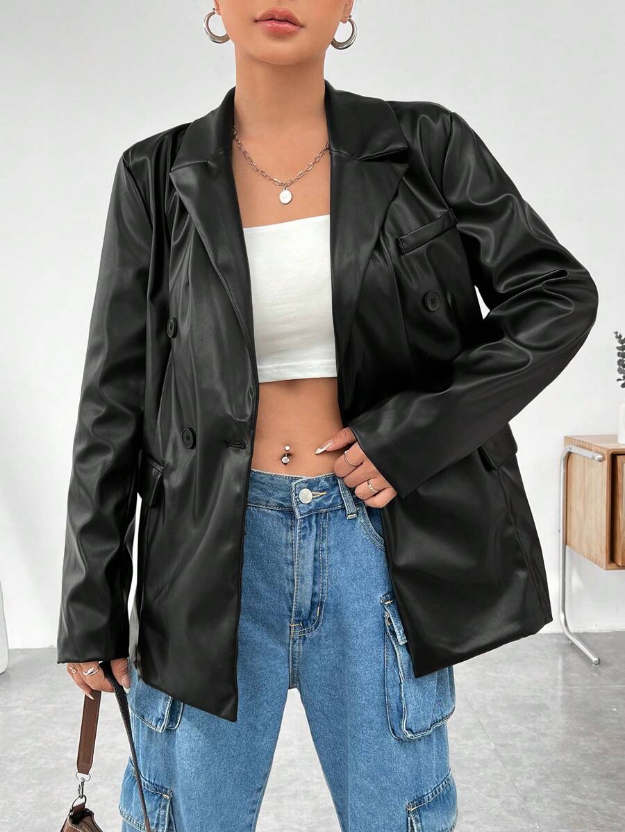 SHEIN EZwear 實色雙排釦西裝外套 - 黑色 - 查看 1