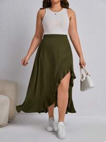 SHEIN LUNE Plus Ruffle Trim Split Thigh Skirt - Army Green - View 1