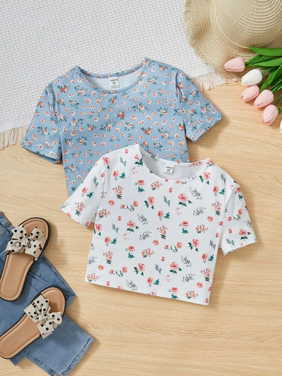 Cô gái Tween 2 Miếng In hoa Ditsy Áo phông Crop - Nhiều màu - Xem 1