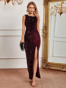 SHEIN Belle Burgundy Red Split Thigh Sequin Formal Dress, Wedding Guest Dress Party Cocktail Dress - Burgundy - View 1