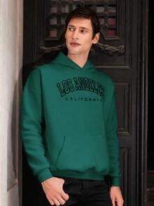 RueChic Men's Letter Print Hooded Fleece Sweatshirt - Green - View 4