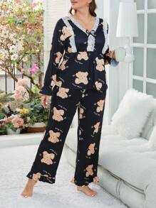 Kích thước lớn Của phụ nữ Gấu Hoạt hình Trang trí ren Bộ mặc nhà - màu đen - Xem 5
