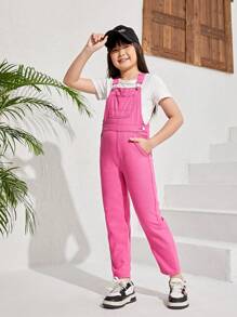 Cô gái Tween Đã vá Túi Quần yếm Denim - Màu Hồng Tươi - Xem 5