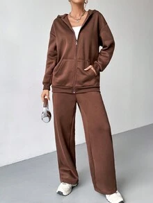 SHEIN EZwear 下垂肩拉鍊連帽衫和運動長褲 - 咖啡棕 - 查看 6