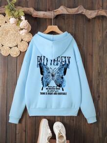 SHEIN EZwear 標語和蝴蝶印花袋鼠口袋抽繩保暖連帽衫 - 藍色 - 查看 1