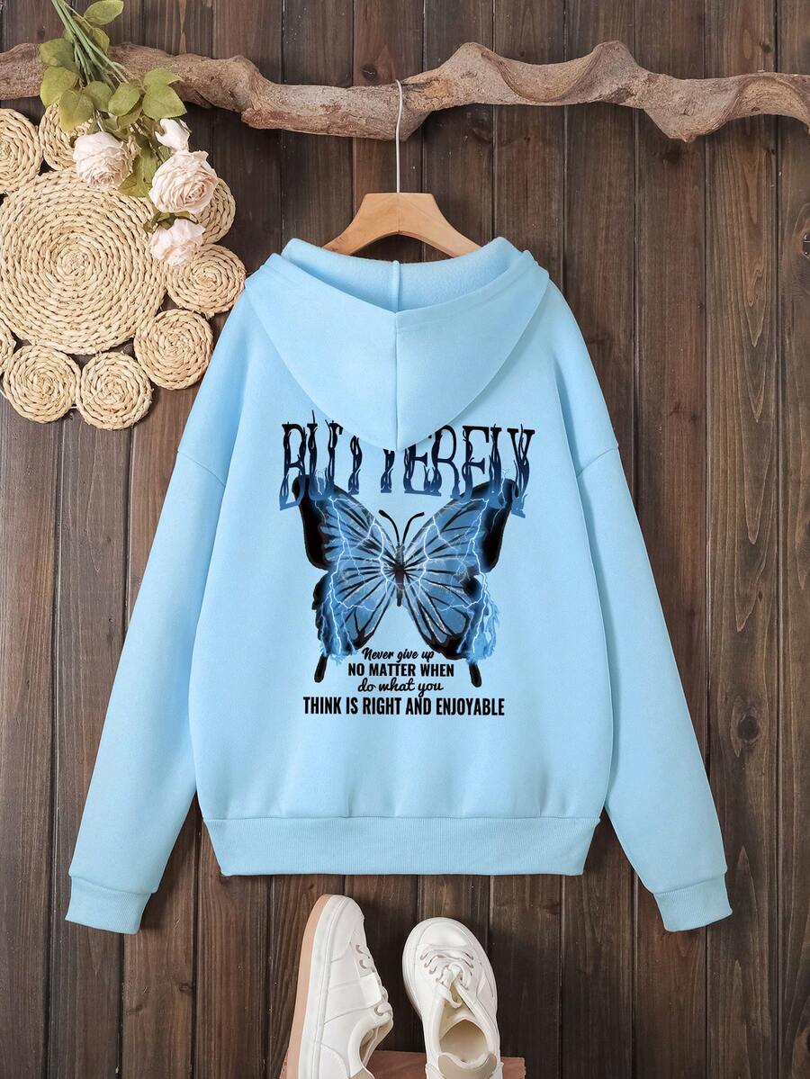 SHEIN EZwear 標語和蝴蝶印花袋鼠口袋抽繩保暖連帽衫 - 藍色 - 查看 1