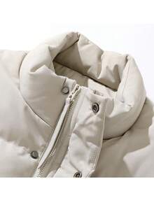 Men Letter Patched Detail Drawstring Hem Vest Padded Coat, Warming - Khaki - View 4