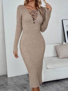 SHEIN Privé Lace Up Front Ribbed Knit Sweater Dress - Khaki - View 4